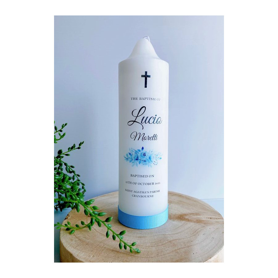 Personalised Blue Middle Floral Baptism Candle